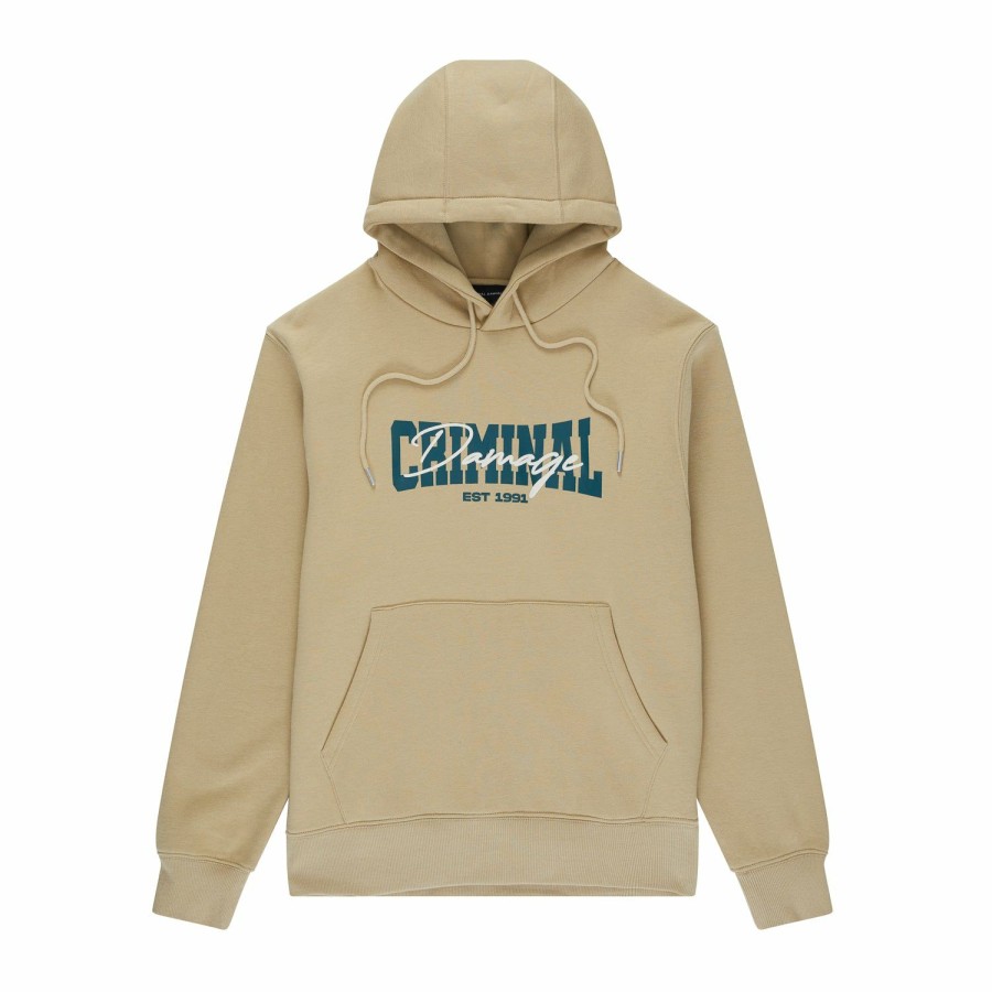 Mens Criminal Damage Hoodies | Sign Varsity Hood - Taupe • Simplemenclothe